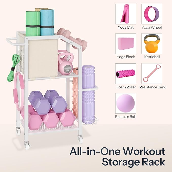 HOOBRO Dumbbell Rack, Weight Rack for Dumbbells, Yoga Mat Storage Rack, Home Gym Storage Rack for Dumbbells Kettlebells Foam Roller, Workout Storage Organizer with Wheels & Hooks