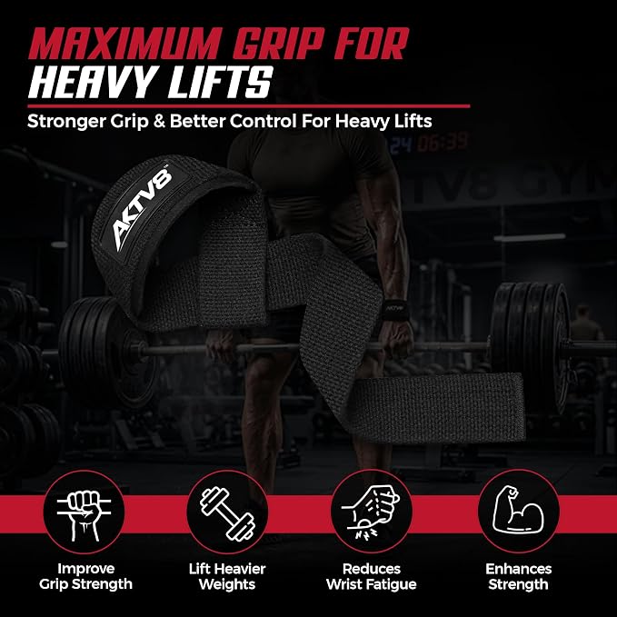 AKTV8 Lifting Straps for Deadlifts, 23 inch 4mm Padded Wrist Straps for Gym | Stronger Grip During Weight Lifting & Powerlifting, Heavy Duty Polyester-Cotton Gym Straps for Pull Ups, Rows & Heavier Lifts