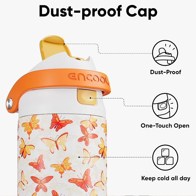 ENCOOL Leakproof Insulated Water Bottle with Straw Dual-Sip Water Bottle Bag-Safe Design for Work, Commute & Gym – Keeps Drinks Cold All Day, 32 oz, Sunset Butterflies
