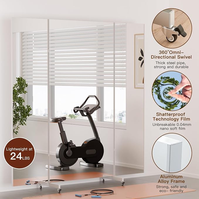 brisafe Full Length Mirror with 360° Wheels, 95"x71" Foldable Floor Mirror with Nano-Tech Shatterproof Film - Ultra-Large Mobile Mirror for Home Gym, Dance Studio & Commercial Spaces (Black)