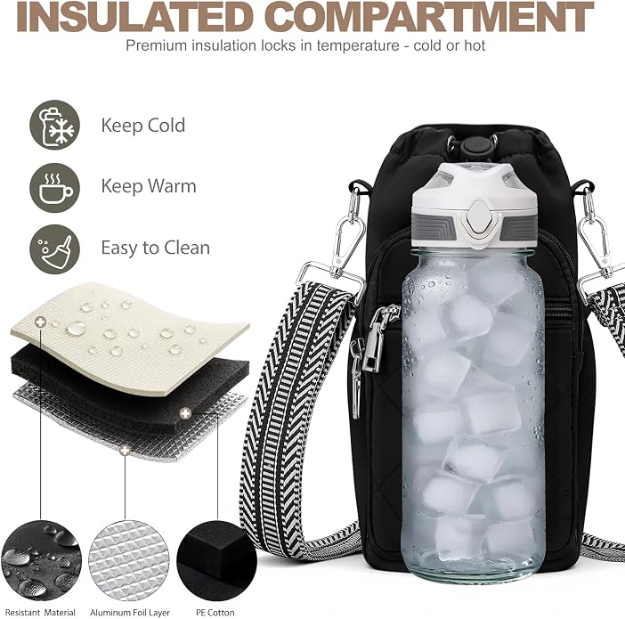 Water Bottle Carrier Bag with Strap, Insulated Corssbody Purse