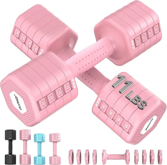 JOROTO 5-in-1 Adjustable Dumbbell Set, 8LB/11LB Pair Adjustable Weights for Women at Home, 1s-Adjust Dual Locking Stable Hand Weights with TPE Soft Handle, Home Gym, Rehab, Pilates, Yoga, Strength Training