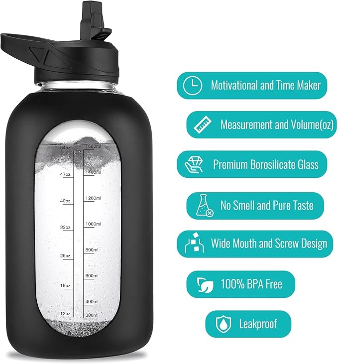 EALGRO 64 oz Glass Water Bottle with Straw, Large Half Gallon Water Jug | Sports Motivational Water Bottle with Time Marker and Silicone Sleeve, Flask Cup with Handle for Travel, Gym, Dark Purple