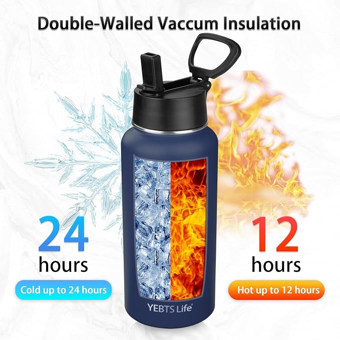 Insulated Water Bottle With Straw,32 oz Vacuum Insulated Stainless Steel Sports Water Flask,Keeps Cold and Hot,Metal Water Bottle Wide Mouth for Gym Travel Camping (Nave blue)