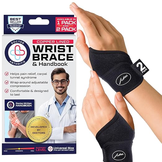 Doctor Developed Wrist Brace, Wrist Wraps for Carpal Tunnel Arthritis, Tendonitis, Hand Support, Ideal for Fitness, Weightlifting - Handbook Included (Wrist Brace - 2 Pack)