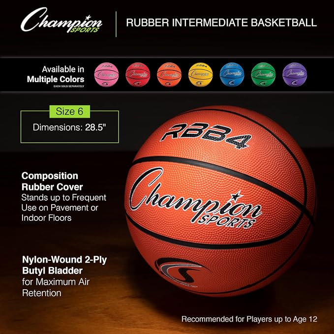 Champion Sports Rubber Basketballs – Durable Indoor & Outdoor Training & Recreational Game Balls, Multiple Sizes & Colors