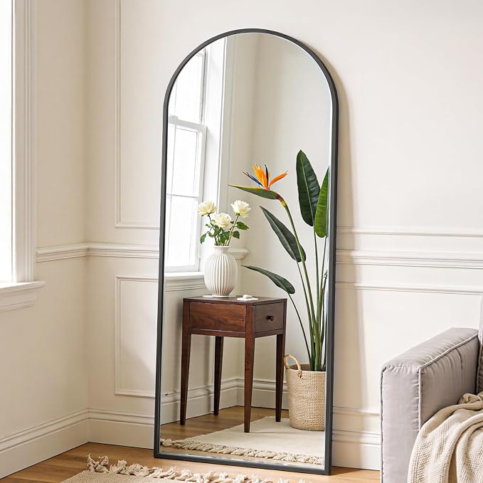 OLIXIS Arched Full Length Mirror with Stand, 60"x16" Full Body Mirror | Aluminum Alloy Thin Frame, Floor Hanging or Leaning Wall, Bedroom Living Room, Black