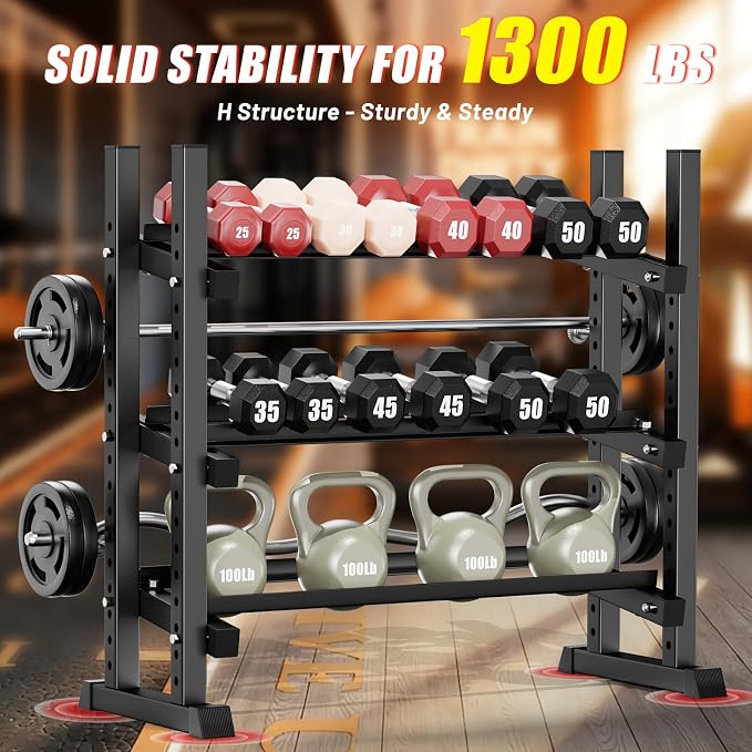 3-Tier Adjustable Dumbbell Rack, Heavy-Duty Weight Rack for Home Gym, Space-Saving Weight Storage Rack for Dumbbells, Kettlebells, Barbells & Plates (Rack Only)