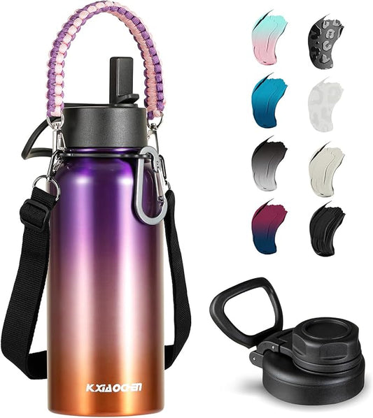 KXIAOCHEN Insulated Water Bottle with Strap, 48-Hour Cold, 2 Lids | Triple-wall insulation, lead-free 18/8 Stainless steel, paracord handle, carabiner clip, for gym, hiking, camping and travel