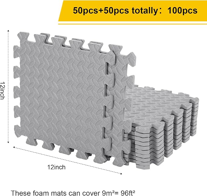 Ecally 100 Pcs 12 x 12 Gym Mat Foam Floor Mats for Home Gym Covers 96 Sq Ft Puzzle Exercise Square Interlocking Carpet Tiles with Border for Workouts Equipment Yoga Pilates (Gray)