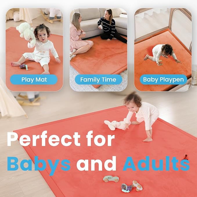 1.3" Thick Baby Play Mat for Floor Playpen, 50x50 Foam Tummy Time Mat, Padded Support Soft Plush Nursery Rug for Infant Kids Toddler Crawling Kick Activity (Brick)