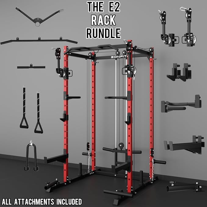 Eonfit E2 Power Rack, Squat Rack with Cable Crossover for Home Gym | Power cage with Pivot Arms Functional Trainer Pulley System Lat Pull Down For Garage Gym Strength Training