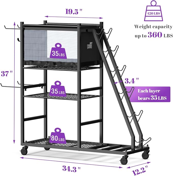 Mythinglogic Dumbbell Rack with Yoga Mat Holder and Wheels for Home Gym | Features a side dumbbell rack, yoga mat basket, shelves and hooks for kettlebells, weight plates, foam rollers and gym gear