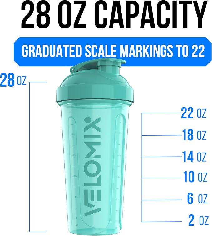 VELOMIX 2 Pack 28oz Protein Shaker Bottle for Protein Mixes, Pink/Turquise | 2x Wire Whisk, Leak Proof Shaker Cups for Protein Shakes, Stackable, Dishwasher safe, BPA free, Pre Workout and Fitness ready