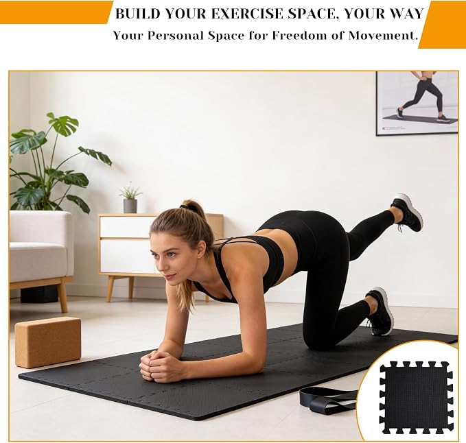 18 PCS Floor Mats for Home Gym, 3x6 Feet High-Density Interlocking Foam Floor Mats 0.4"(10mm Thick) Puzzle Tiles Mat for Workouts, Exercise, Play, Yoga, Cardio, Weights (Black)