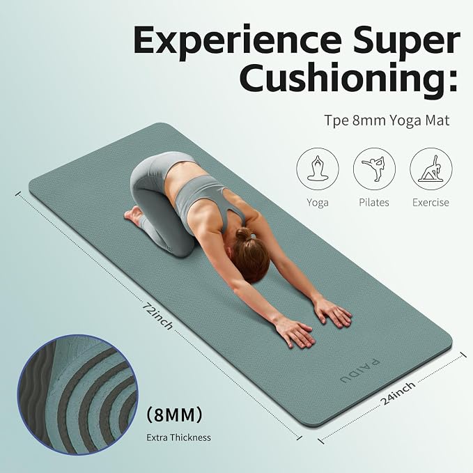 PAIDU Yoga Mat 8mm TPE Non‑Slip Fitness Mat with Strap for Home Workouts | SGS Certified, Odorless, Tear‑Resistant, Unisex, for Yoga, Pilates, Meditation, Home & Gym Workouts