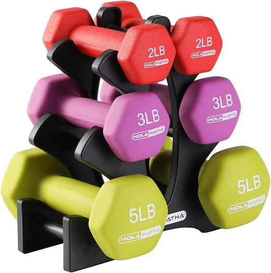 HolaHatha 1, 2 and 3 lb Neoprene Dumbbell Strength Training Weight Set with Rack
