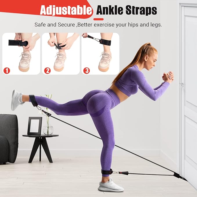 Resistance Bands with Handles for Women, 5 Level Exercise Bands | Workout Bands for Physical Therapy, Yoga, Pilates, Door Anchor, Storage Pouch, Training Poster