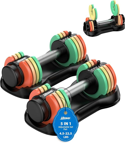 5-IN-1 Adjustable Dumbbell Set, Pair 12.5LB/22.5LB Weight Set for Home Gym | rainbow-colored weight plates, anti-slip handle, suit both men and women, full body home workout