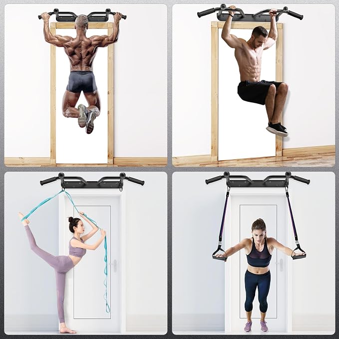 SELEWARE Heavy Duty Welded Pull Up Bar Wall/Joist/Ceiling Mount Chin Up Bar | Multifunctional Pull-up Bars w/Resistance Band Hooks for Home Gym Strength Training, Sturdy Steel Construction Support 500 lb