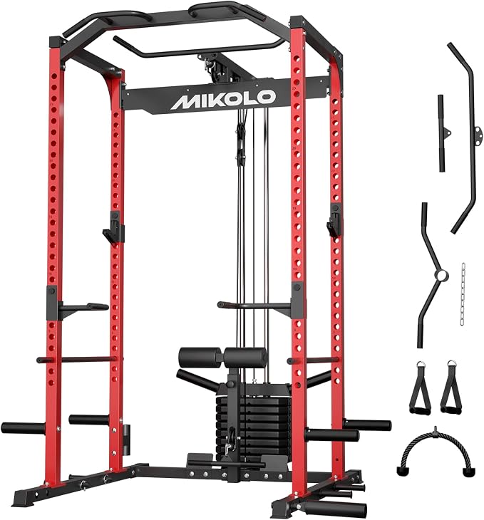 Mikolo F4 2.0 Power Cage with Dual-Track Smooth Pulley System, 1200LBS Power Rack with Leg Hold-Down for Heavy LAT Pulldowns
