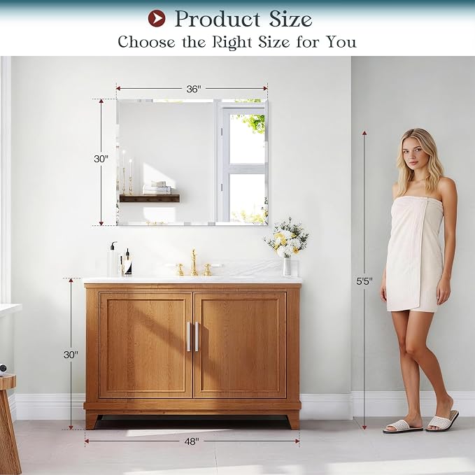 Frameless Bathroom Mirror, 30"x36" Beveled Bathroom Mirror for Vanity, Wall Mount Mirrors with 4mm Tempered Glass for Bedroom Entryway Living Room Hangs Horizontally or Vertically