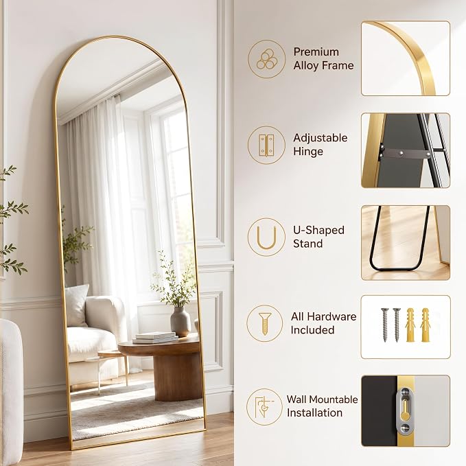 Antok Full Length Mirror, 71"x32" Floor Mirror with Stand, Hanging Mounted Mirrors for Bedroom, Living Room, Cloakroom, Dining Room, Gold, Arch