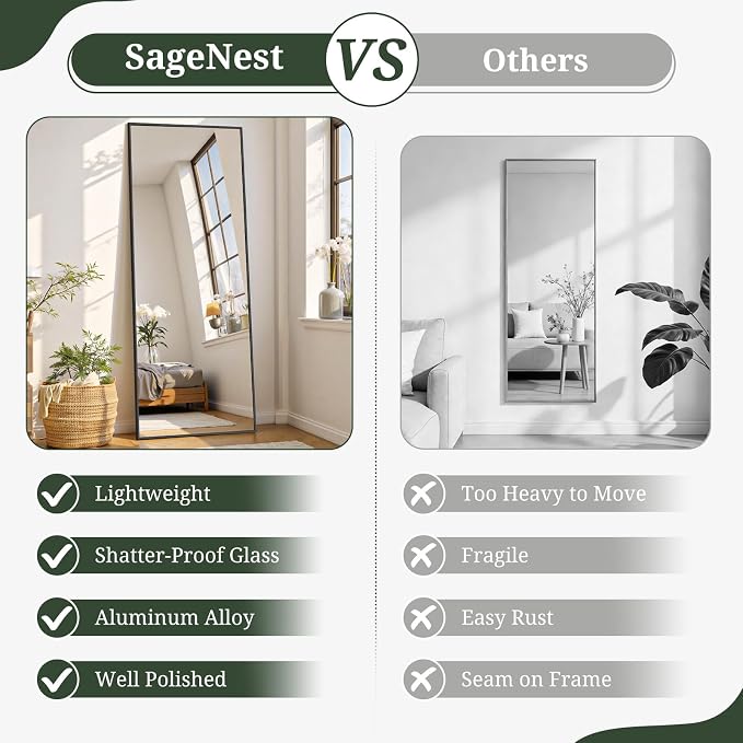Mirror Full Length 58"x19", Rectangle Full Body Floor Mirrors with Stand | Shatterproof Glass, Aluminum Alloy Frame, Free Standing, Wall Mounted or Leaning for Bedroom Living Room Entryway