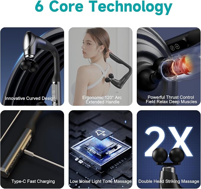 Double-Head Elbow Massage Gun, Detachable Extended Handle, 12 Levels Adjustable, 5 Heads are Replaceable