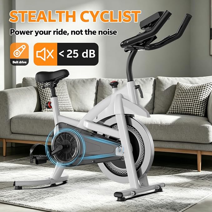 Exercise Bike with Bluetooth, Wool Felt Brake Pad Stationary Bike - 300lb Weight Capacity Quiet Belt Drive Indoor Cycling Bike for Home Cardio, Adjustable Handlebar & Extra Soft Seat, Digital LED Monitor