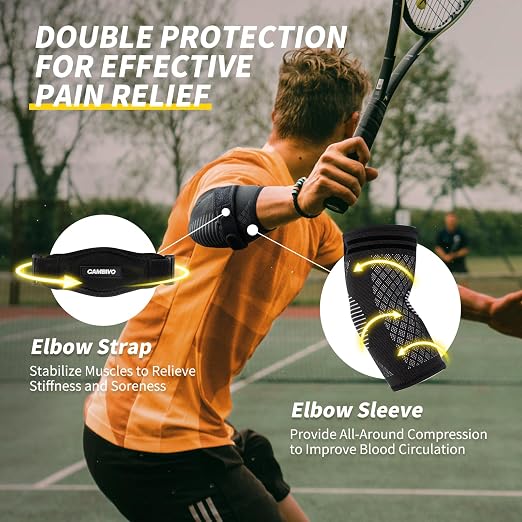 CAMBIVO 2 Elbow Sleeves and 1 Tennis Elbow Strap Set for Tendonitis Relief | Counterforce Pad Targets Extensor Pain, Adjustable Hook-and-Loop Fit, Breathable 3D Knit Sleeve, 2+1 Combo Set, Men & Women