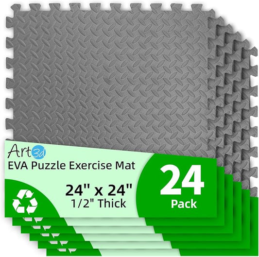 Art3d 24 Pack 24" x 24" EVA Interlocking Exercise Mats, 1/2" Thick Foam Puzzle Flooring for Workout, Gym Equipments, Training Areas, 96 Sq.FT, Grey
