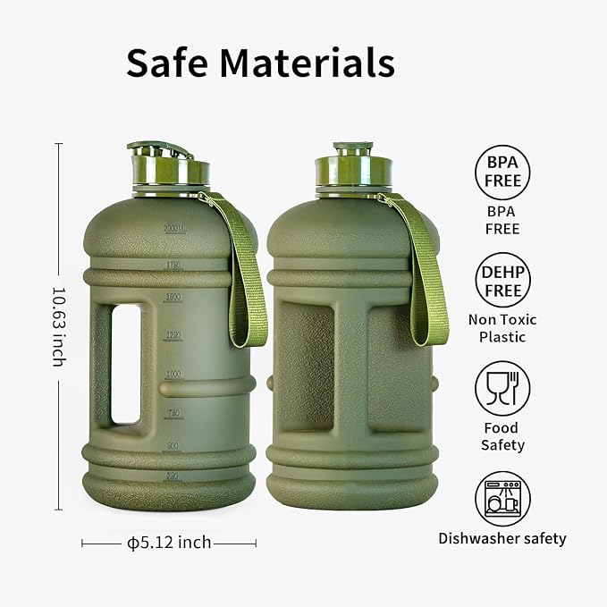 TOOFEEL 2.2 Liters Gym Big Sports Water Bottles for Men - Reusable BPA Free Plastic Clear Water Jug - Unique Water Bottles, Comfurtable to Touch and Easy to Clearn - Matte Olive Water Boottle