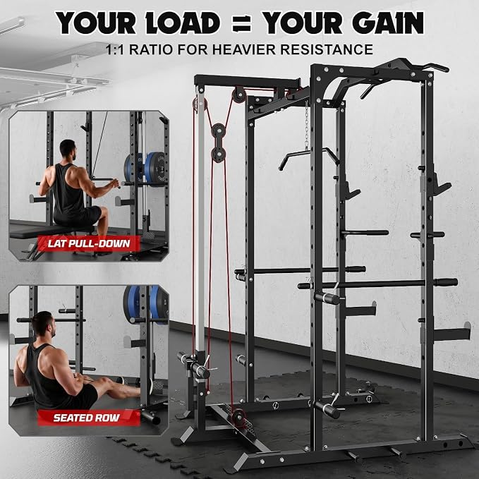 C1-V4 Power Cage, 2000LBS Squat Rack with LAT Pulldown, Multi-Function Weight Cage Strength Training Machine, Workout Cage with More Attachments for Home Gym Garage