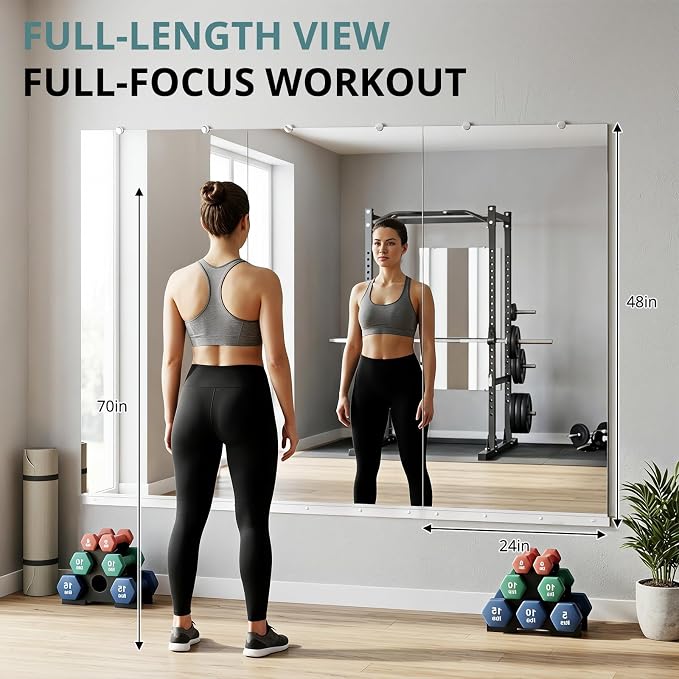 Rovibek 3 Pack Home Gym Mirror, 24x48In Large Workout Mirror for Exercise | Frameless Tempered Glass, Wall-Mounted Gym Mirrors for Home Gym, Garage Gyms, Yoga Rooms and Dance Studios