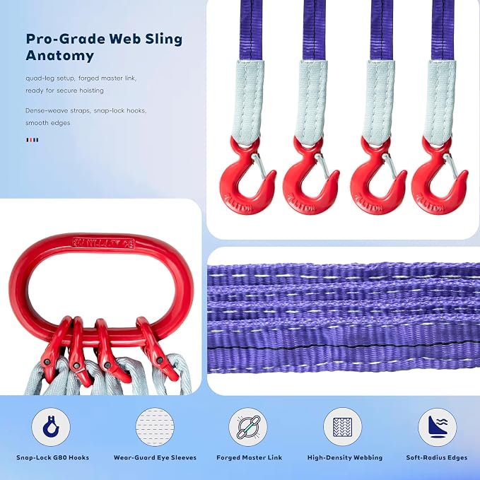 10 ft 4-Leg Web Bridle Lifting Sling, 8800 lb WLL