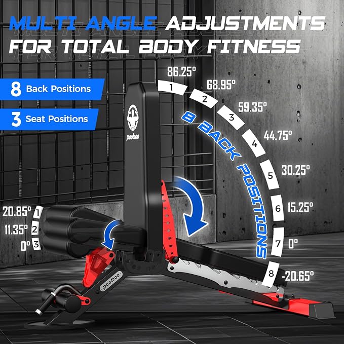 pooboo Weight Bench, Adjustable Workout Bench for Home, 1500LBS Heavy Duty Capacity, Strength Training Bench with Flat/Incline/Decline Positions for Full Body Workout