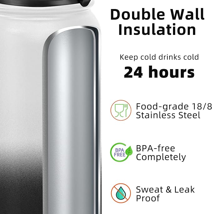 Fanhaw 40 oz Insulated Stainless Steel Water Bottle with Chug Lid, Leakproof & Sweat-Free Extra-Large Metal Bottle for Outdoor, Hiking & Gym (White Black)