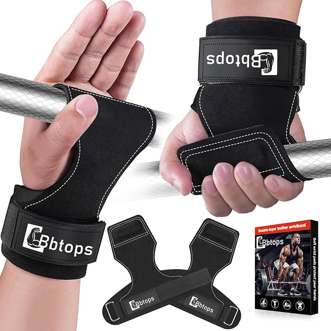 Weight Lifting Wrist Strap, Double-Layer Leather Wrist Straps for Gym Strength Training Weightlifting,Deadlift and Powerlifting, Enhance Grip Strength Neoprene Padding Gym Workout Lifting Straps Men/Women Pair