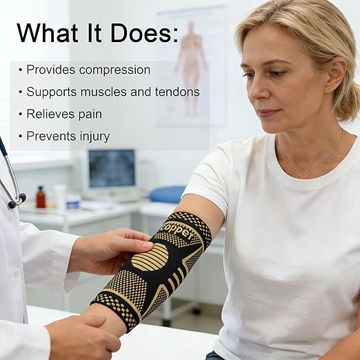 Copper Elbow Compression Sleeve, Tennis Elbow Brace for Men and Women, 4-Way Stretch, Pain Relief, Recovery, Arthritis, Tendonitis, Bursitis (Black-Copper, Small)