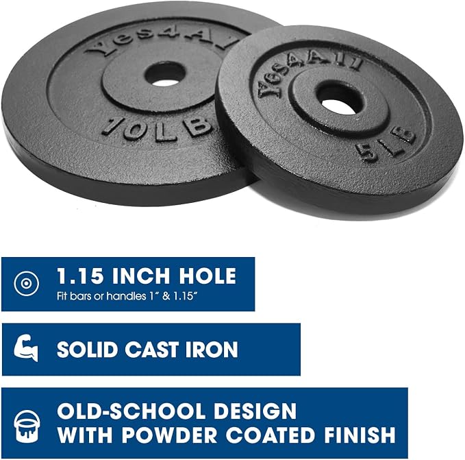 Yes4All Cast Iron Weight Plates, 1.15-Inch Standard Hole Weight Plate Set of 4 & 8, Fits Dumbbell Handles for Strength Training, Weightlifting & Home Gym Workouts