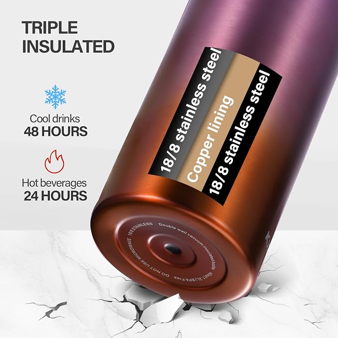 KXIAOCHEN Insulated Water Bottle with Strap, 48-Hour Cold, 2 Lids | Triple-wall insulation, lead-free 18/8 Stainless steel, paracord handle, carabiner clip, for gym, hiking, camping and travel