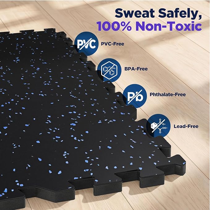 48 Sq Ft Rubber Top Gym Flooring for Home Gym, Black/Blue | 12 Tiles, High Density EVA Foam, Waterproof & Non-Slip Rubber, 0.4" Interlocking Puzzle Mats, Floor Protection, 24"x24"