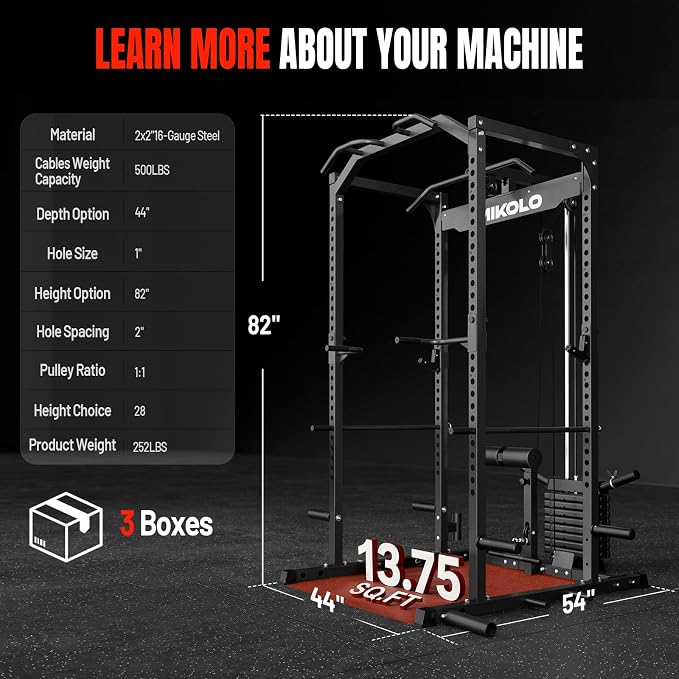 Mikolo F4 2.0 Power Cage with Dual-Track Smooth Pulley System, 1200LBS Power Rack with Leg Hold-Down for Heavy LAT Pulldowns
