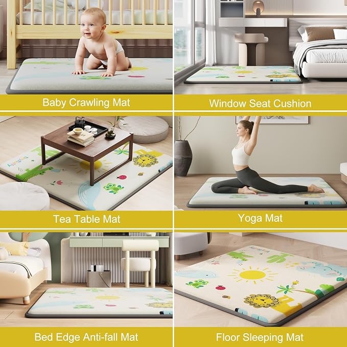 Baby Play Mat for Floor, 1.3" Thick Elasti-Foam Baby Play Mat, 71x59 Playpen Mat for Toddlers Infant kids, Water Repellent Soft Coral Velvet Crawling Mat for Floor, Non-Slip Backing Safe Jungle Safari