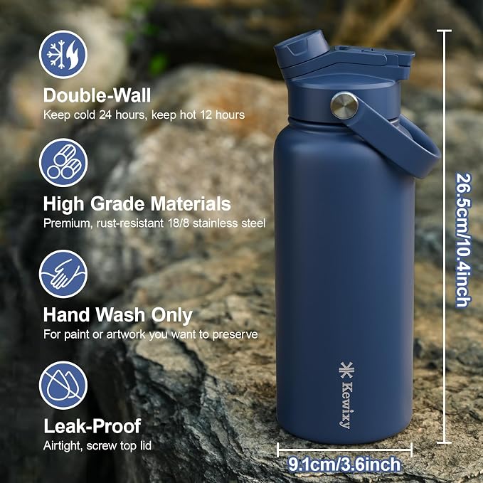 KEWIXY American Flag Insulated Water Bottle 32 oz, 2-in-1 Straw Lid, Leak Proof, Keep Cold 24H, Vacuum Travel Stainless Steel for Men Dads Grandpa, Birthday Christmas July 4th, Patriotic, USA Eagle