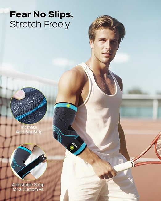 Rakiie Elbow Support Brace for Men and Women, 2 Pack Elbow Compression Sleeve, Elbow Brace for Tendonitis and Tennis Elbow, Elbow Sleeve Reduce Joint Pain for Tennis, Golfer, Workouts Blue (L)