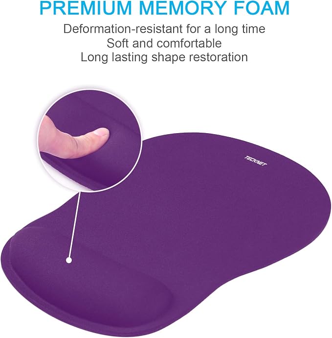 TECKNET 2 Pack Gaming Ergonomic Mouse Pad with Wrist Support Purple | Soft Memory Foam, Fast Rebound, Pain Relief，Waterproof Surface, Non-slip Base