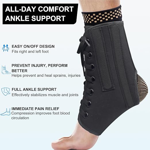 AIDY-PRO Lace Up Ankle Brace with Metal Side Stabilizers, Adjustable Lace-Up Ankle Braces for Men and Women Sprained Foot Support Brace for Posterior Tibial Tendonitis Achilles Tendon Injury S