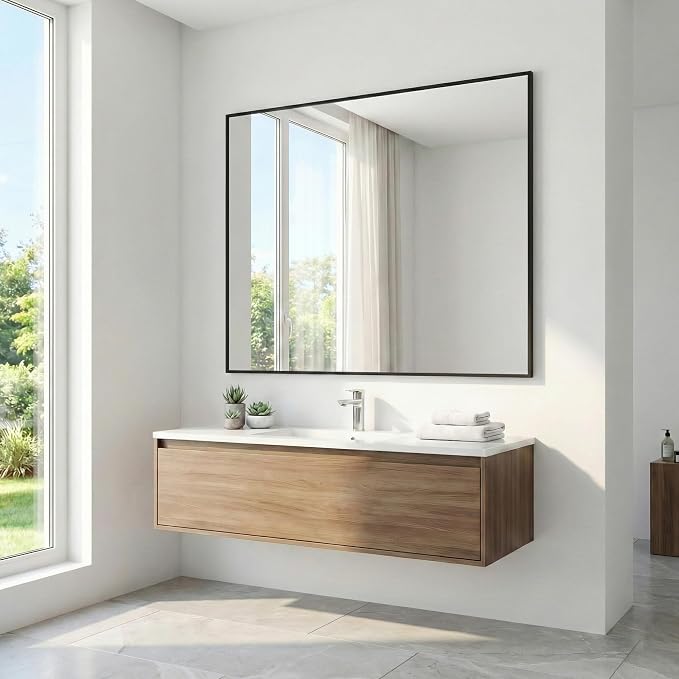 36" x 48" Matte Black Wall Mirror for Bathroom, 48" x 36" Oversized Rectangular Metal Framed Decor, Wide Accent Mirror for Living Room & Vanity